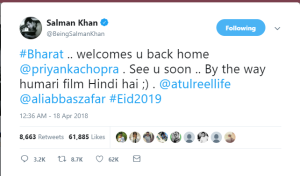 Salman Welcome Priyanka Twitter