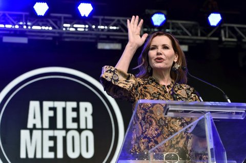 Actress Geena Davis addresses the crowd at the Share Her Journey Rally for Women in Film during the Toronto Film Festival, on Saturday, Sept. 8, 2018, in Toronto. (Photo by Chris Pizzello/Invision/AP)