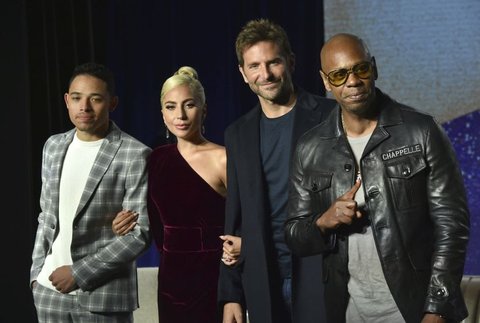 Anthony Ramos, from left, Lady Gaga, Bradley Cooper and Dave Chappelle attend the press conference for 