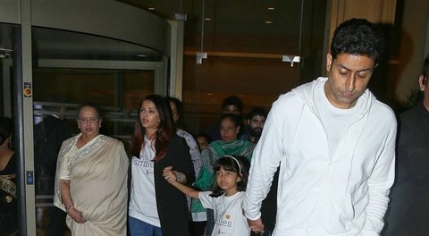 Aishwarya Rai Bachchan with Vrinda Rai, Abhishek, and Aaradhya on their way out the restaurant