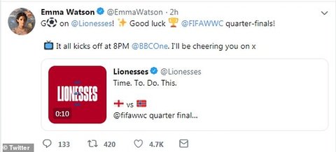 You can do it! Ahead of the match many stars took to Twitter to share their support for the Women's team