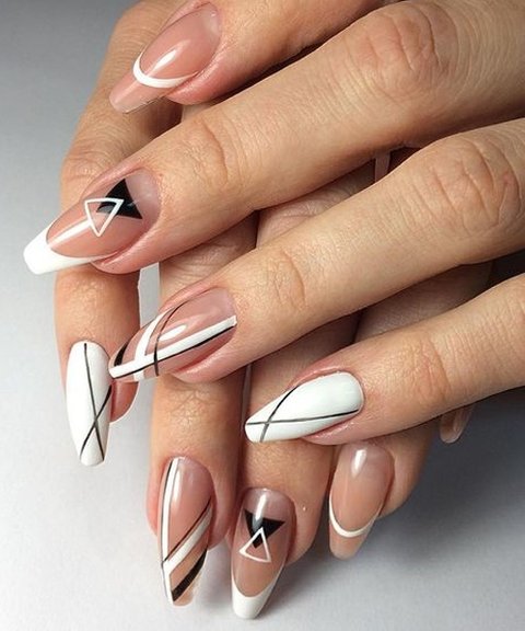 Pretty Nude White And Black Geometric Nail Art Des