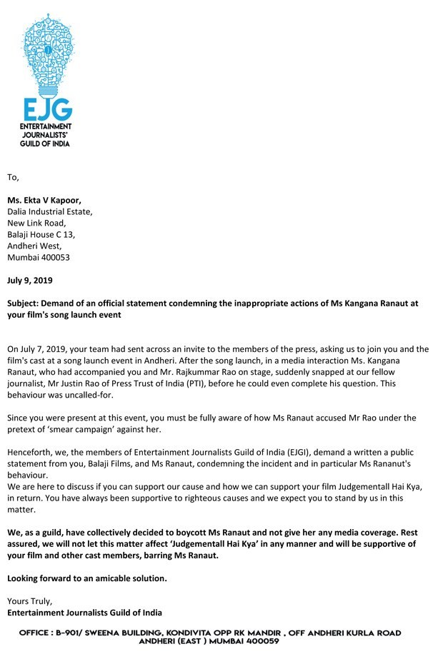 Entertainment Journalist' Guild of India's letter to Ekta Kapoor