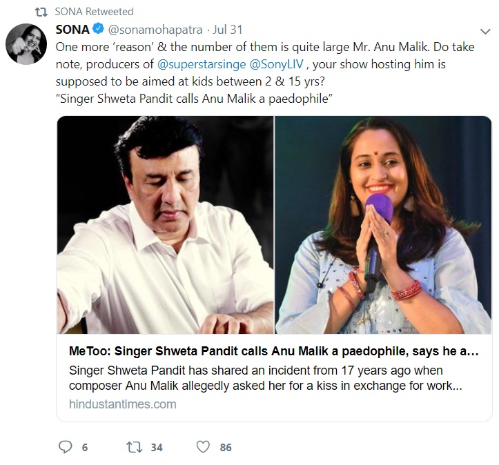 Singer Sona Mohapatra Takes A Dig At Anu Malik As