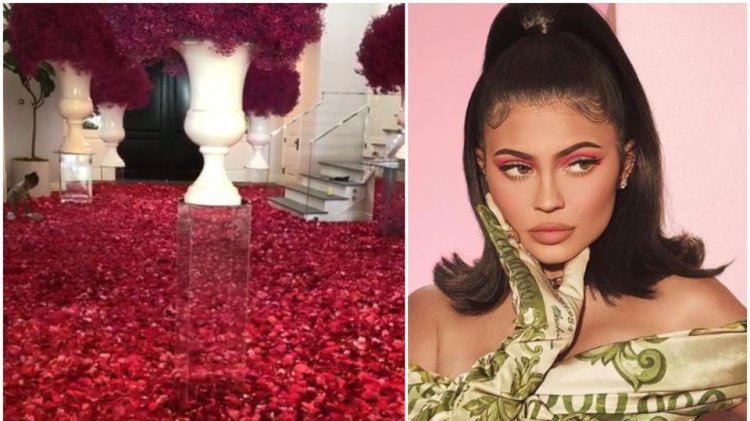 Kylie Jenner and her home filled with rose petals.