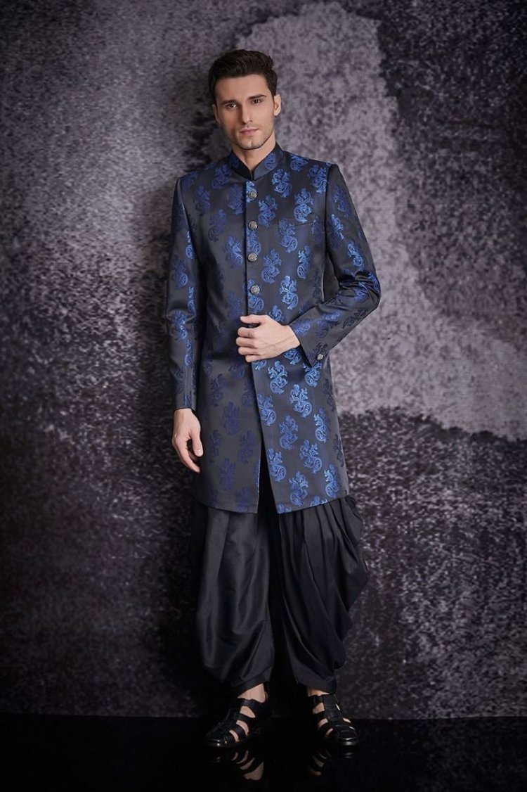 Black Indowestern Sherwani Black