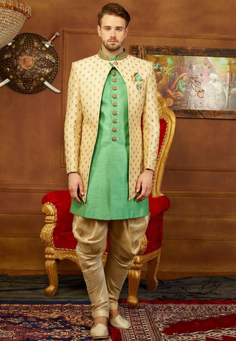 Embroidered Art Silk Sherwani Jacket Set In Light