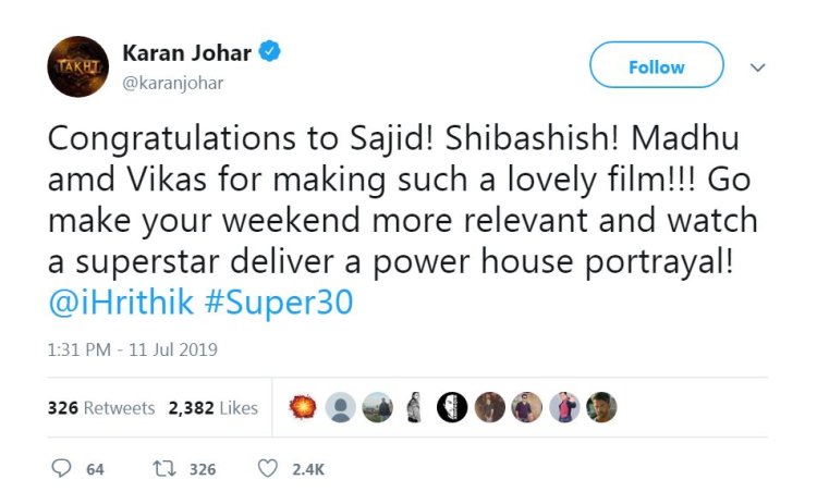 Karan Johar Review On Super 30