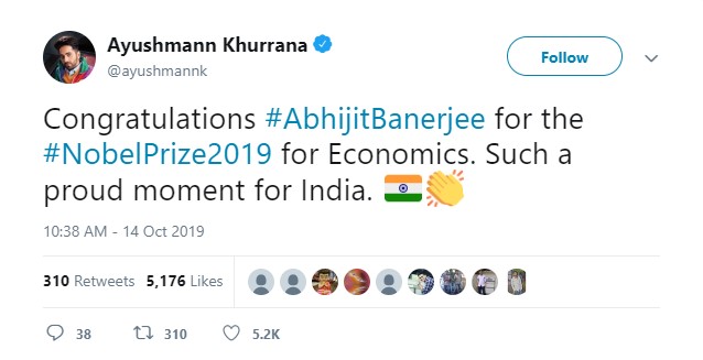 Ayushmann Khurrana proud moment on winning Nobel prize