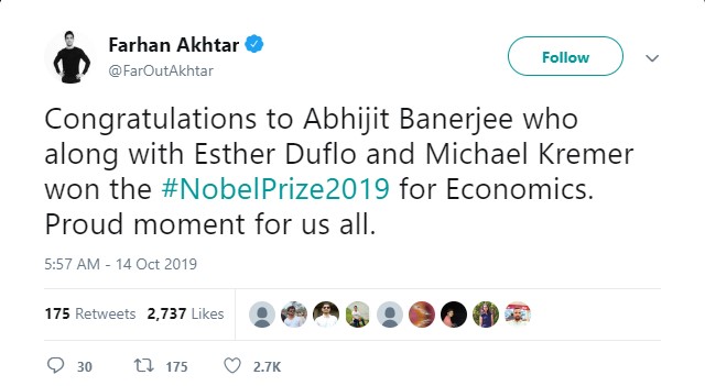 Farhan Akhtar proud moment on winning Nobel prize