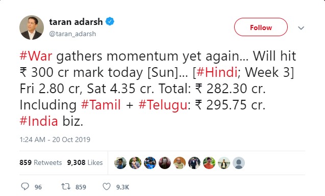 Taran Tweet About War Box Office