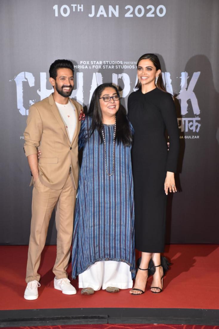 Deepika Padukone, Meghna Gulzar, and Vikrant Massey at the Chhapaak trailer launch
