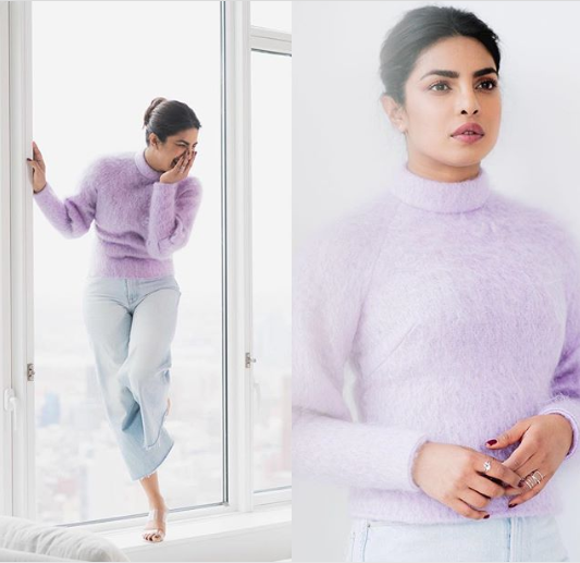 Priyanka Chopra A Feathered Pastel Purple Turtlene