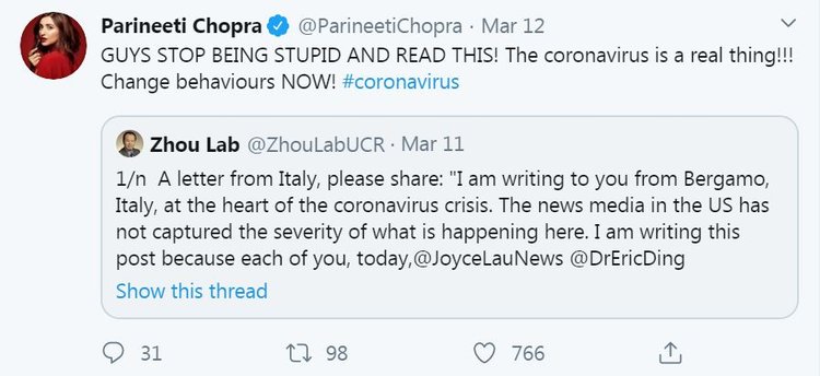 Parineeti Chopra Coronavirus Tweet