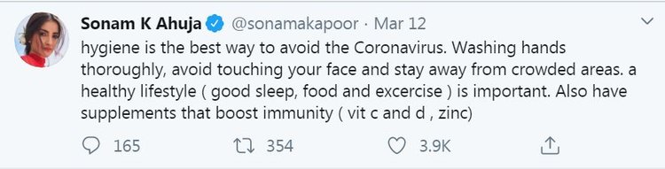 Sonam Kapoor Coronavirus Tweet