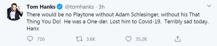 Tom Hanks Tweet About Adam Schlesinger