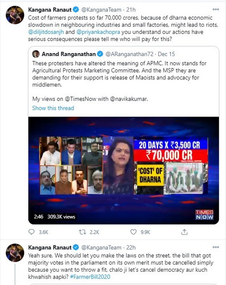 Kangana Ranaut Tweets On Farmers Protest