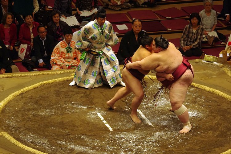 Sumo Wrestlers Fighting In Japan